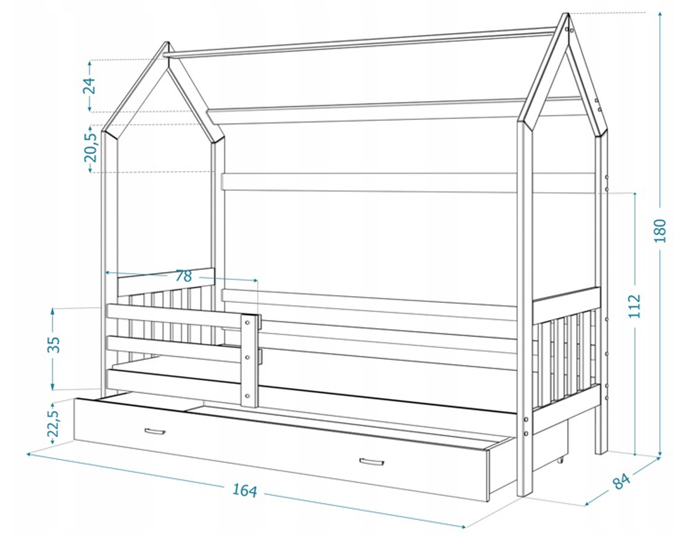 Dětská postel DOMEK 2 se šuplíkem 160x80 cm bílá
