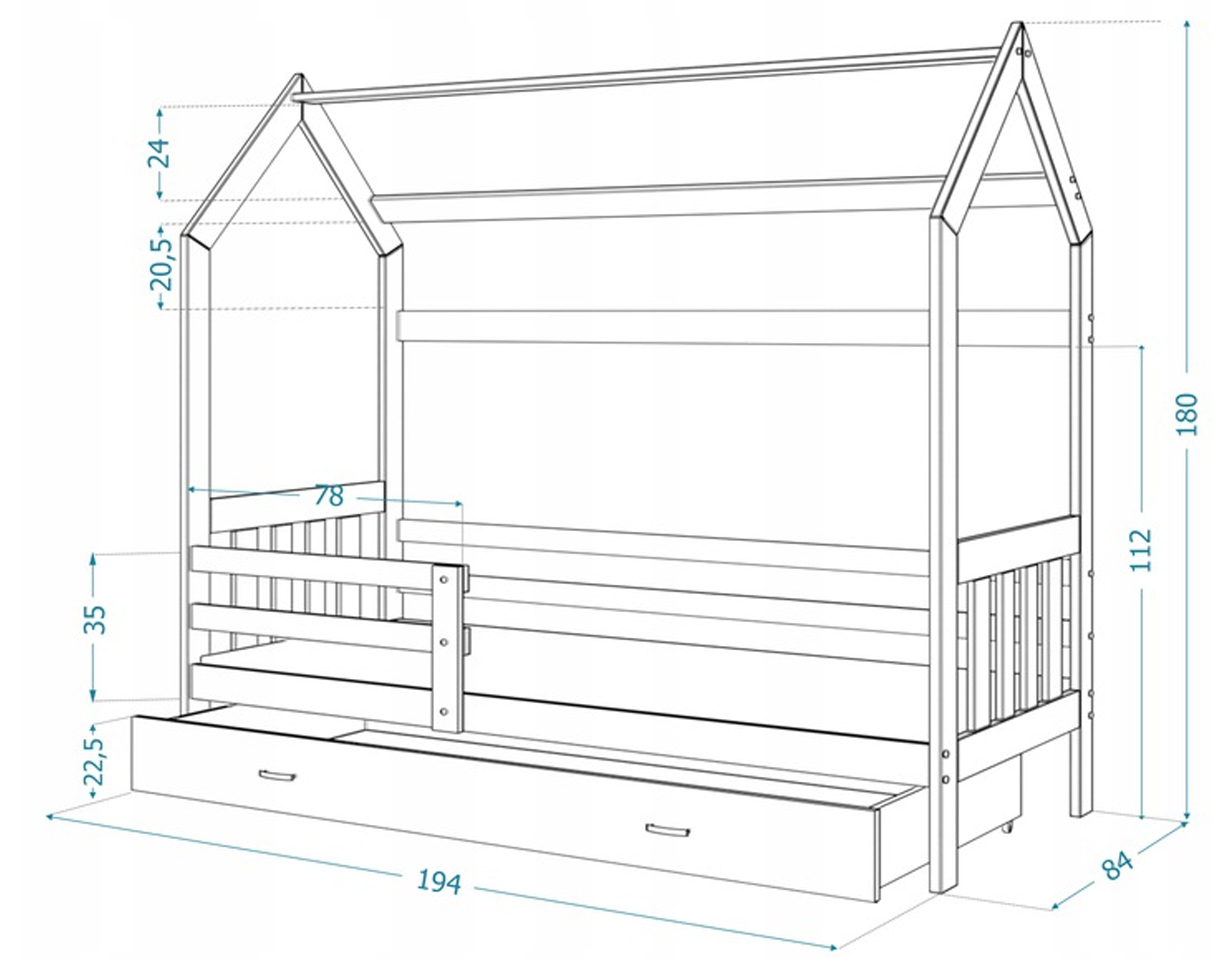 Dětská postel DOMEK 2 se šuplíkem 190x80 cm bílá šedá