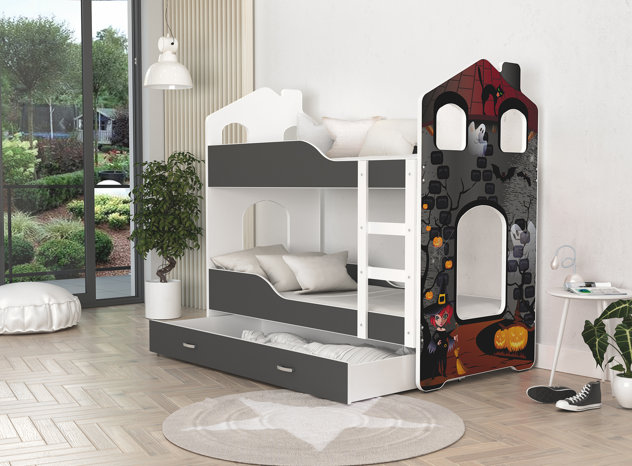 Dětská patrová postel DOMINIK DOMEK 160x80 Strašidelný dům