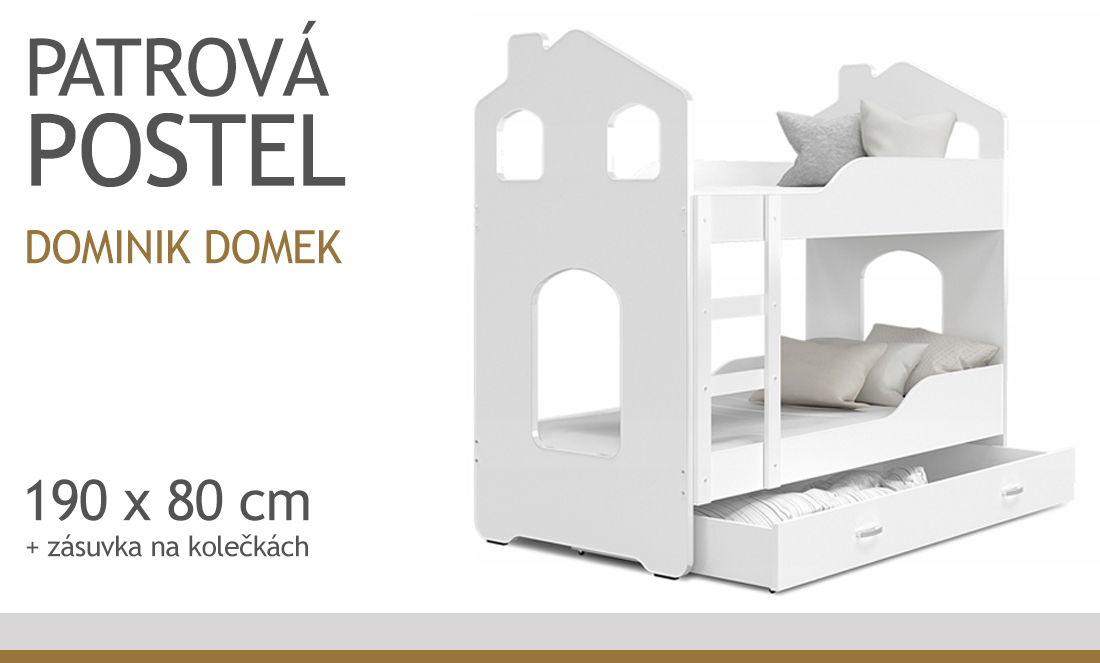 Dětská patrová postel DOMINIK DOMEK 190x80 BÍLÁ-BÍLÁ
