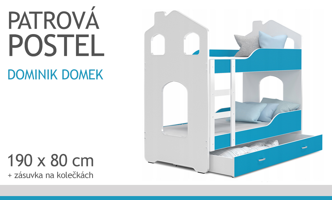 Dětská patrová postel DOMINIK DOMEK 190x80 BÍLÁ-MODRÁ