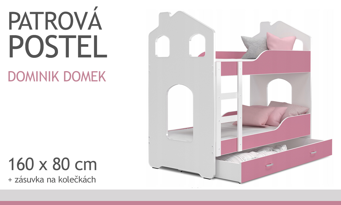 Dětská patrová postel DOMINIK DOMEK 160x80 BÍLÁ-RŮŽOVÁ