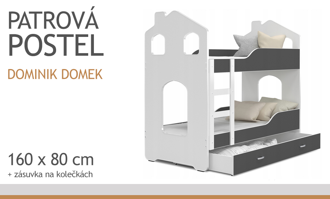 Dětská patrová postel DOMINIK DOMEK 160x80 BÍLÁ-ŠEDÁ