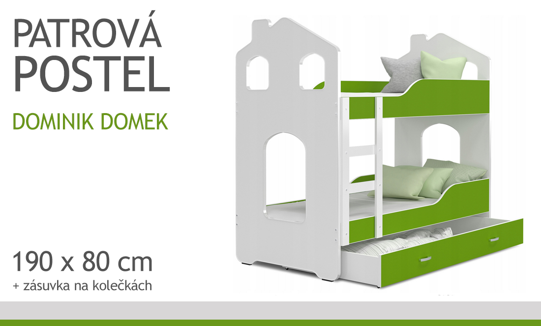 Dětská patrová postel DOMINIK DOMEK 190x80 BÍLÁ-ZELENÁ