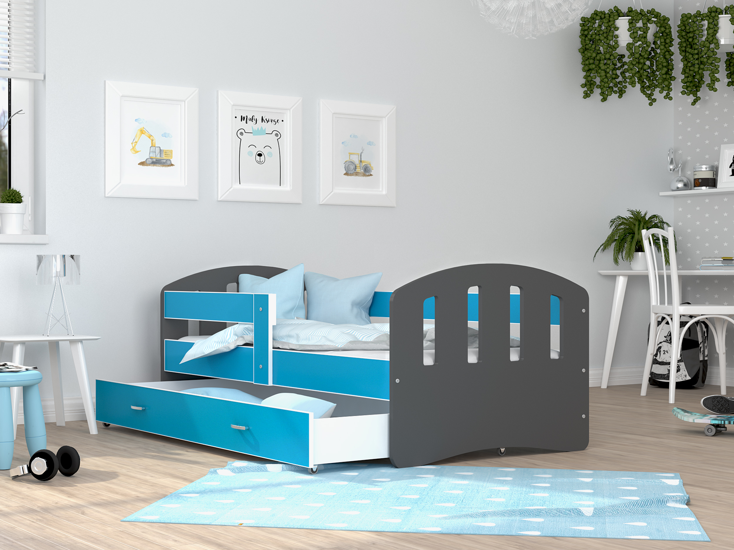 Dětská postel HAPPY 180x90 barevná MODRÁ-ŠEDÁ