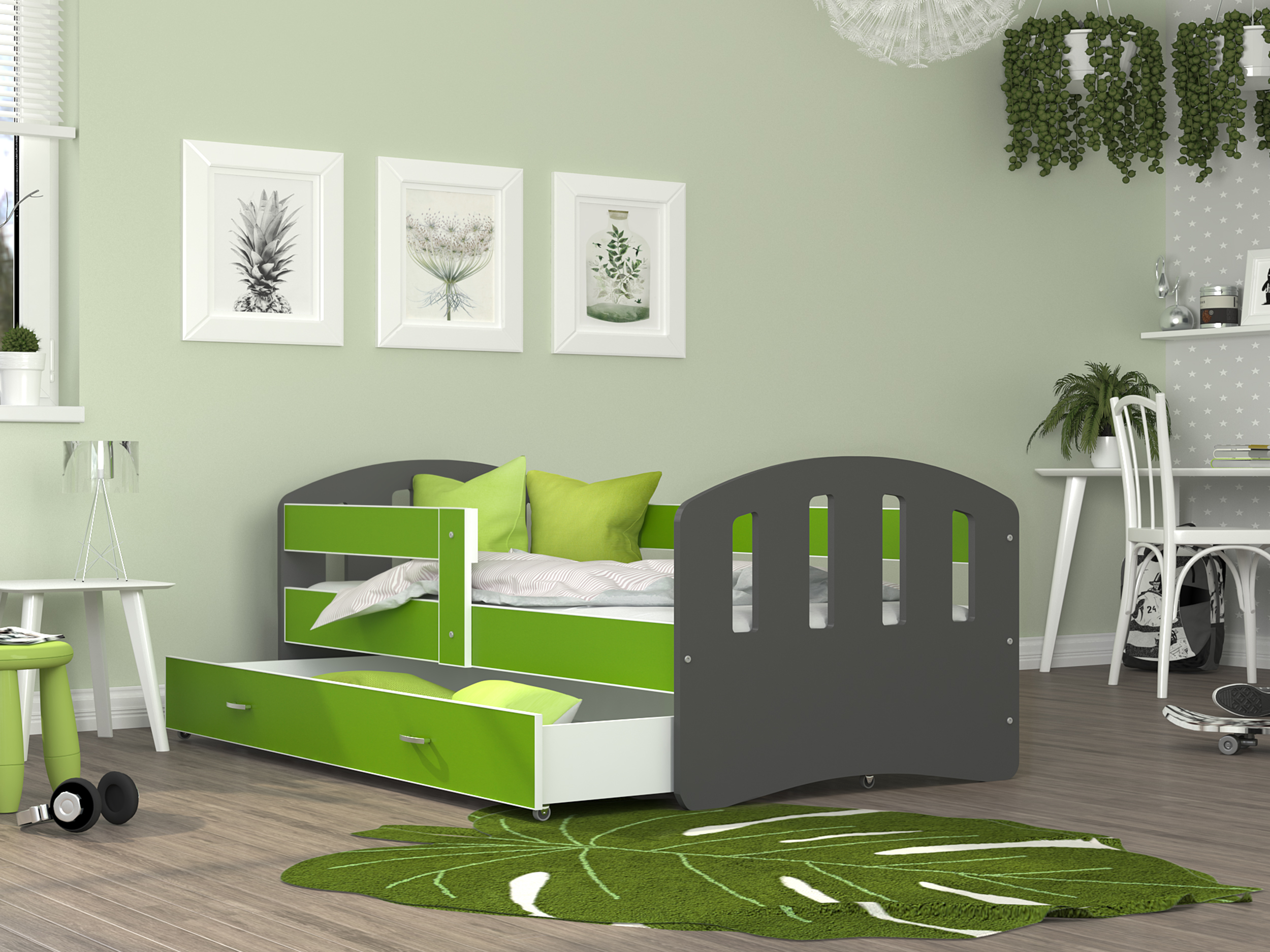 Dětská postel HAPPY 180x90 barevná ZELENÁ-ŠEDÁ