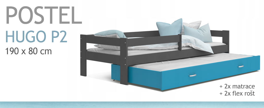 Detská posteľ HUGO P2 190x80 s prístelkou SIVÁ-MODRA