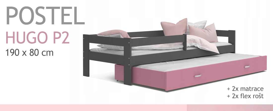 Dětská postel HUGO P2 190x80 s přistýlkou ŠEDÁ-RŮŽOVÁ