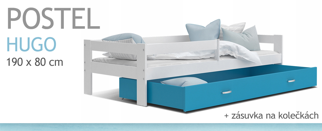 Dětská postel HUGO 190x80 se zásuvkou BÍLÁ-MODRÁ