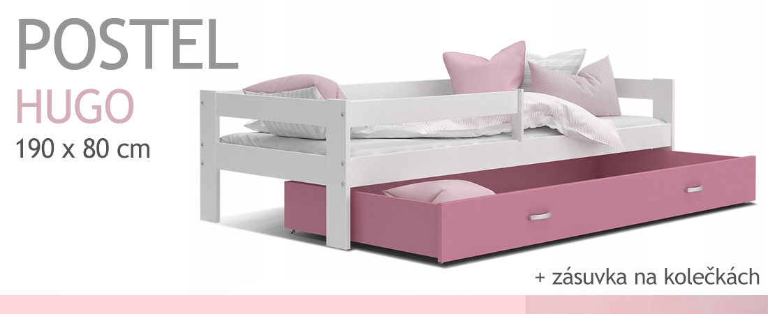 Dětská postel HUGO 190x80 se zásuvkou BÍLÁ-RŮŽOVÁ