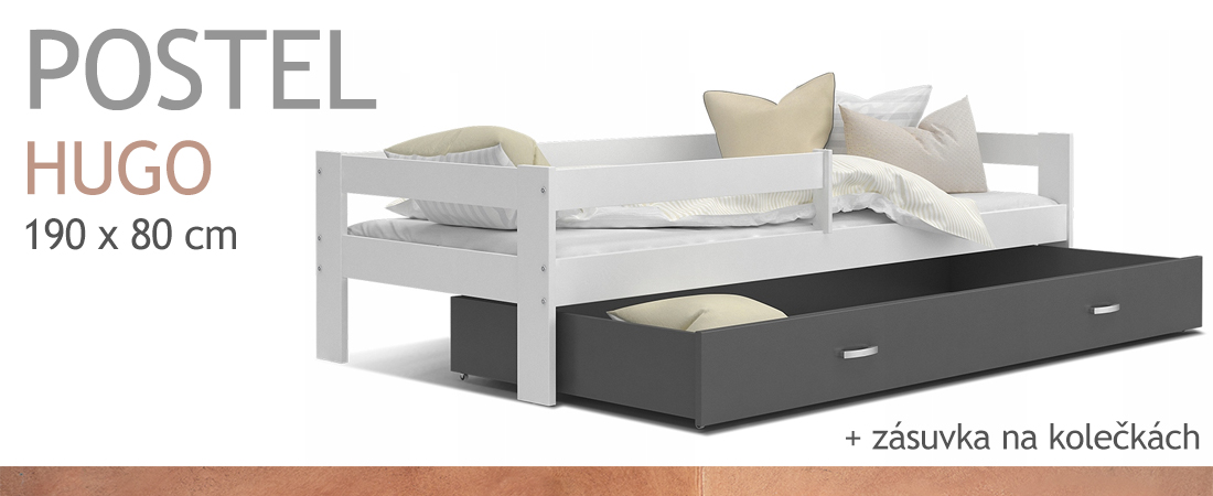 Detská posteľ HUGO 190x80 so zásuvkou BIELA-ŠEDÁ