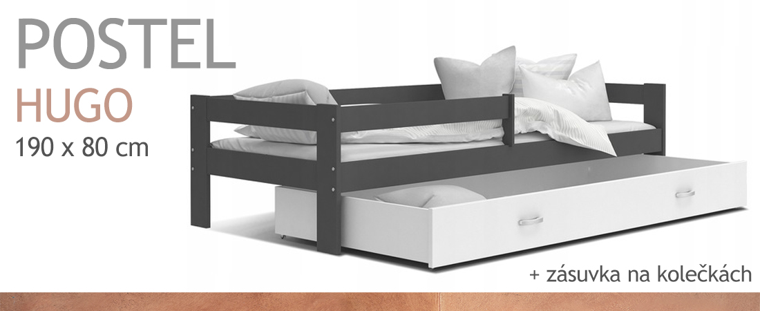 Detská posteľ HUGO 190x80 so zásuvkou ŠEDÁ-BIELA