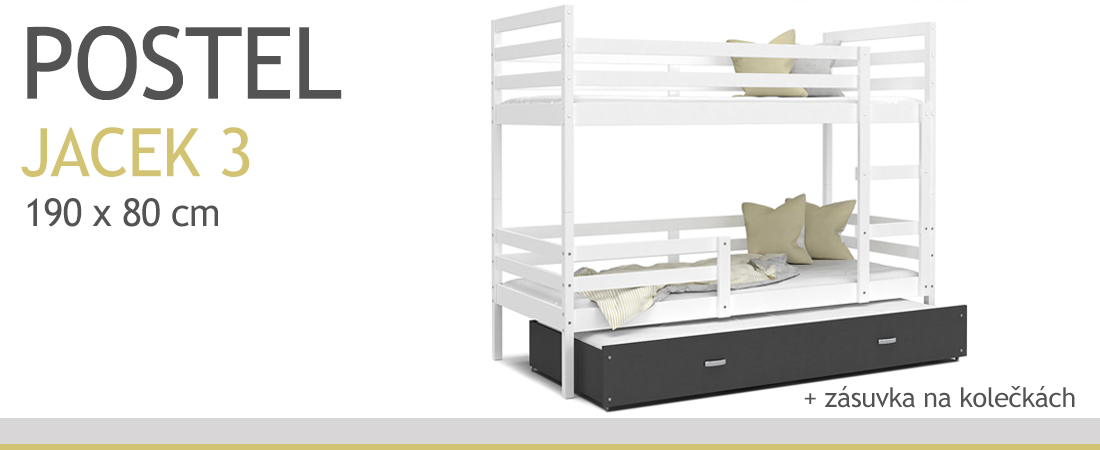 Dětská patrová postel s přistýlkou JACEK 3 190x80 cm BÍLÁ-ŠEDÁ