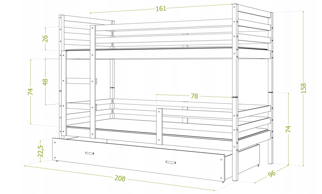 Detská posteľ JACEK 3 90x200 cm SIVÁ-ZELENÁ