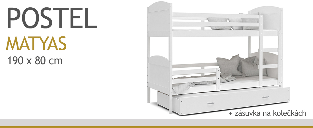 Dětská patrová postel MATYAS 3 80x190 cm s bílou konstrukcí v bílé barvě s přistýlkou