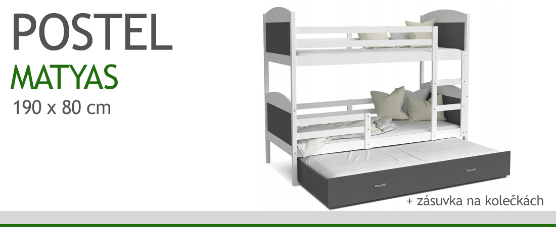 Dětská patrová postel MATYAS 3 80x190 cm s bílou konstrukcí v šedé barvě s přistýlkou