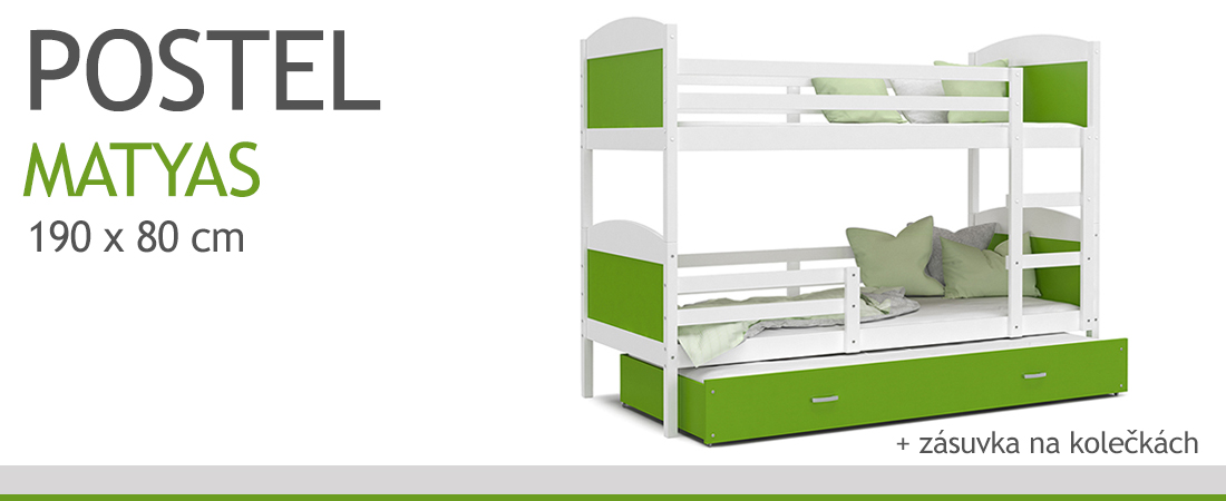 Dětská patrová postel MATYAS 3 80x190 cm s bílou konstrukcí v zelené barvě s přistýlkou