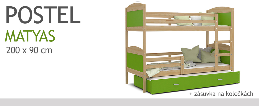 Dětská patrová postel MATYAS 3 90x200cm s borovic. konstrukcí v zelené barvě s přistýlkou