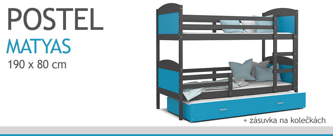 Dětská patrová postel MATYAS 3 80x190cm s šedou konstrukcí v modré barvě s přistýlkou