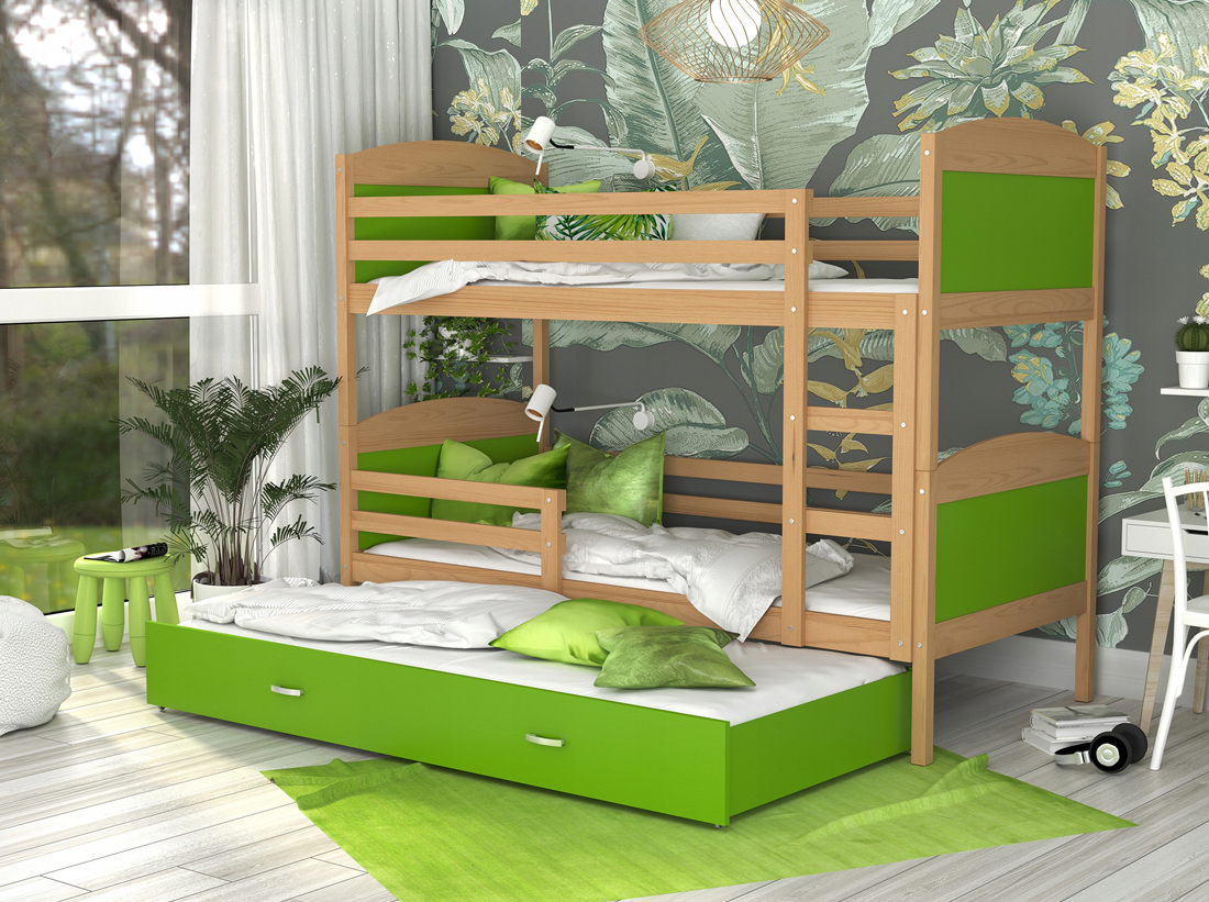 Dětská patrová postel MATYAS 3 90x200cm s borovic. konstrukcí v zelené barvě s přistýlkou