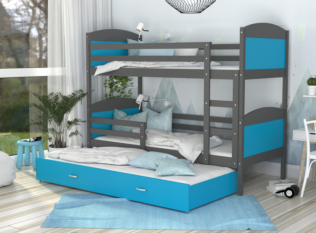 Dětská patrová postel MATYAS 3 80x190cm s šedou konstrukcí v modré barvě s přistýlkou