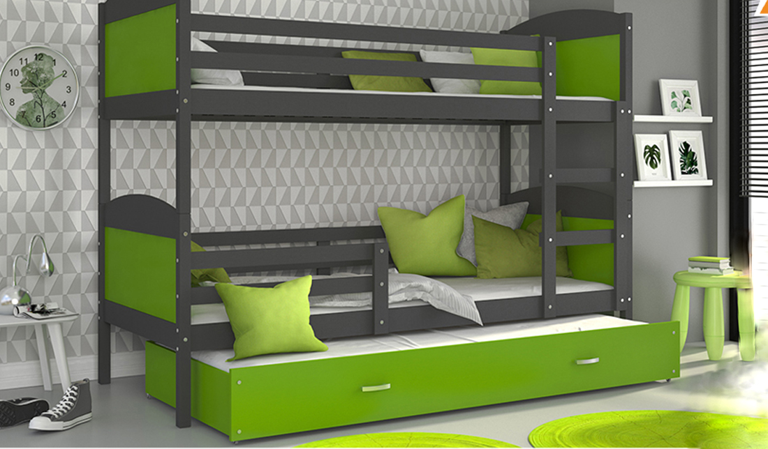 Dětská patrová postel MATYAS 3 80x190cm s šedou konstrukcí v zelené barvě s přistýlkou