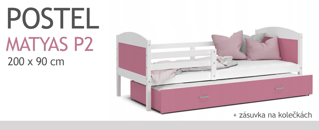 Dětská postel MATYAS P2 90x200 cm s bílou konstrukcí v růžové barvě s přistýlkou