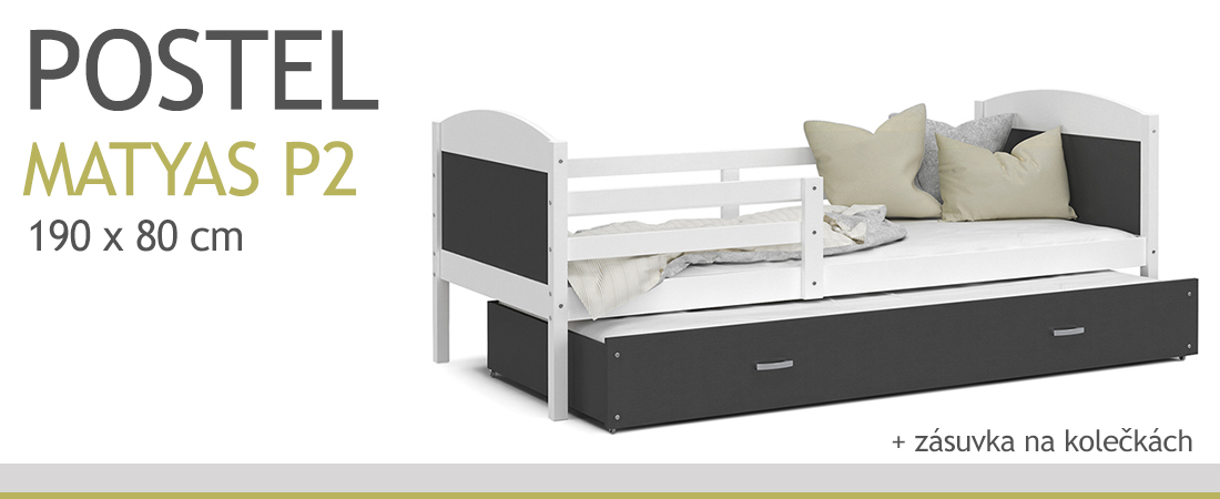 Dětská postel MATYAS P2 80x190 cm s bílou konstrukcí v šedé barvě s přistýlkou