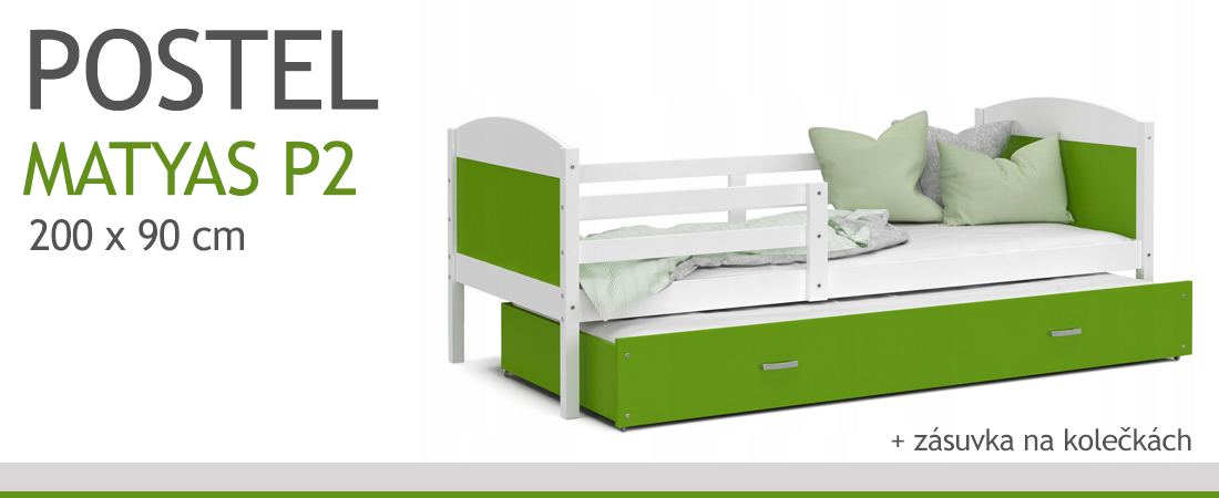 Dětská postel MATYAS P2 90x200 cm s bílou konstrukcí v zelená barvě s přistýlkou