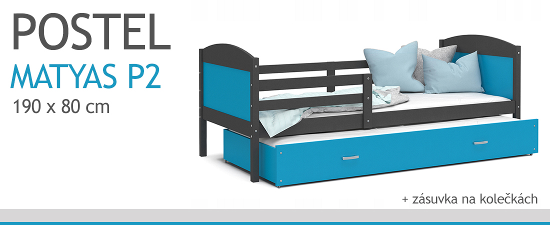 Dětská postel MATYAS P2 80x190 cm s šedou konstrukcí v modré barvě s přistýlkou