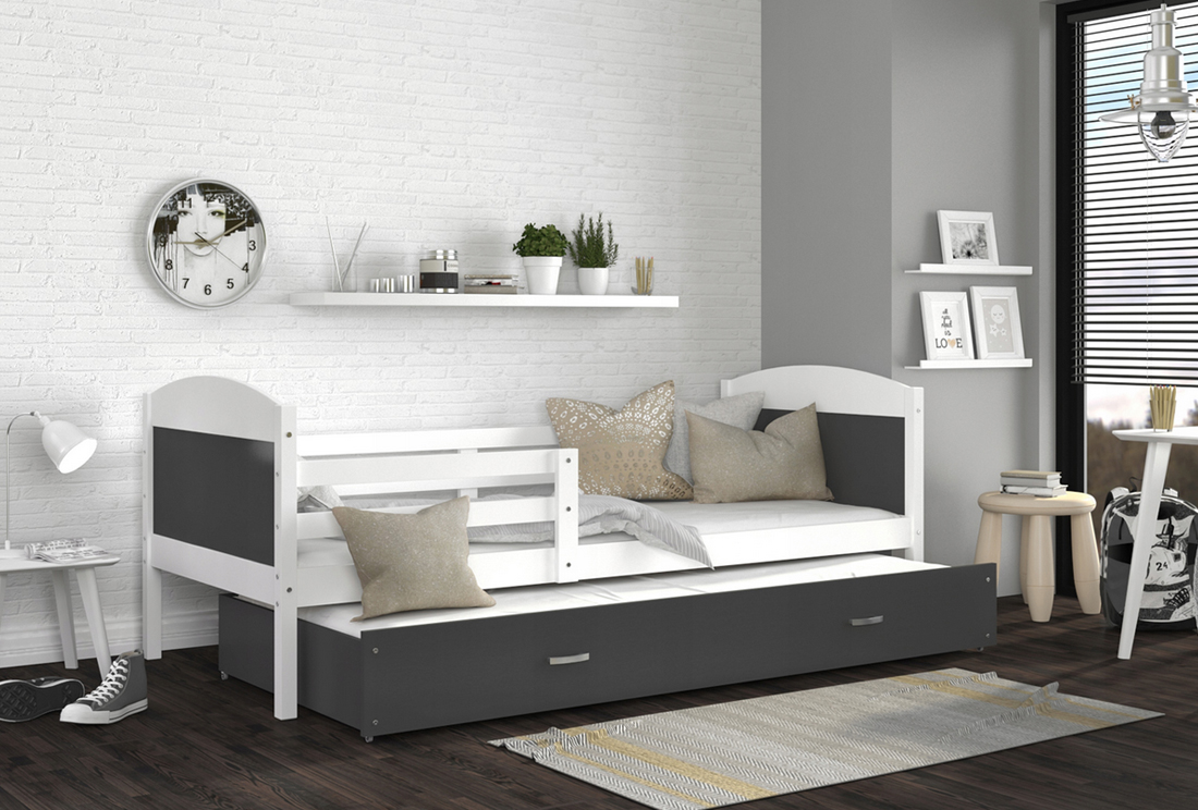 Dětská postel MATYAS P2 80x190 cm s bílou konstrukcí v šedé barvě s přistýlkou