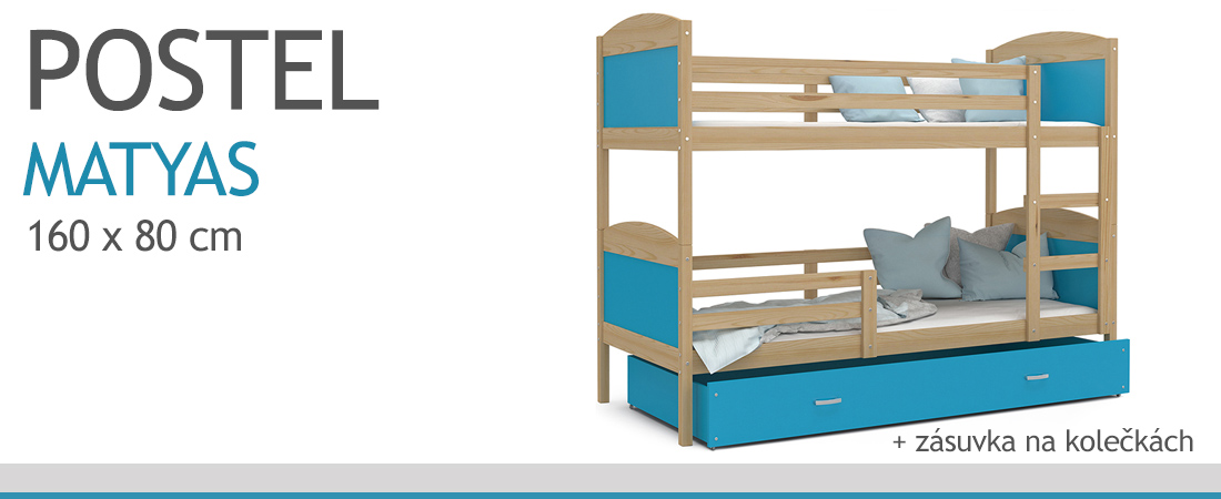 Dětská patrová postel Matyas dřevěná 160x80 BOROVICE-MODRÁ