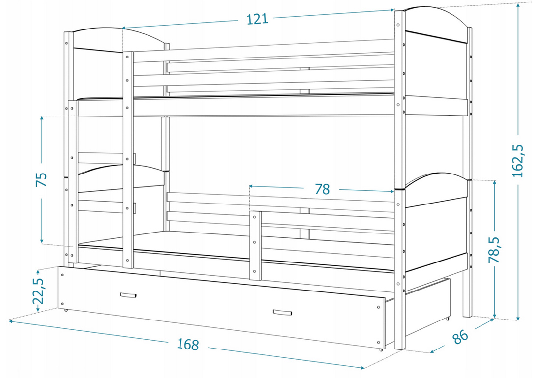 Dětská patrová postel Matyas dřevěná 160x80 BOROVICE-BÍLÁ