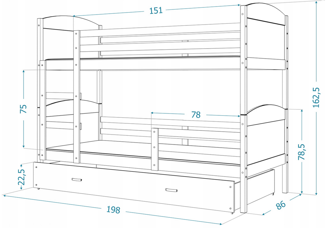 Dětská patrová postel MATYAS 3 80x190 cm s bílou konstrukcí v modré barvě s přistýlkou