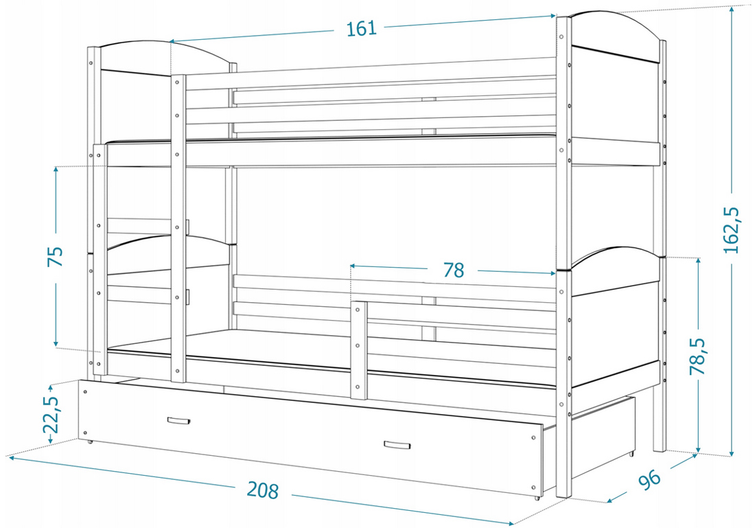 Dětská patrová postel MATYAS 3 90x200 cm s bílou konstrukcí v růžové barvě s přistýlkou