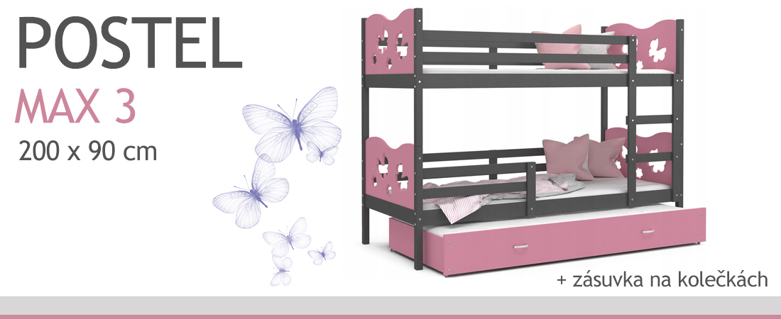 Dětská patrová postel MAX 3 90x200 cm s šedou konstrukcí v růžová barvě s motýlky