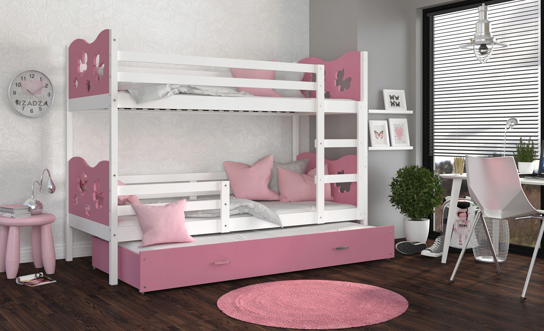 Dětská patrová postel MAX 3 90x200 cm s bílou konstrukcí v růžové barvě s motýlky