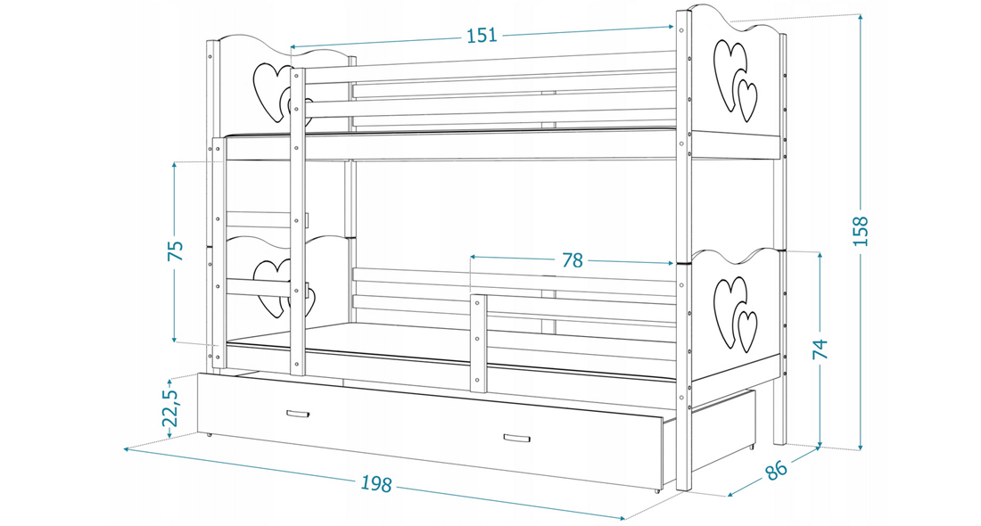 Dětská patrová postel MAX 3 80x190 cm s bílou konstrukcí v růžové barvě s motýlky