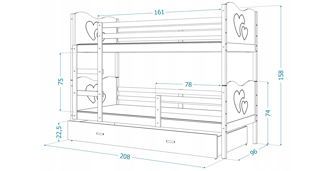 Detská poschodová posteľ MAX 3 200x90cm BOROVICA-MODRÁ