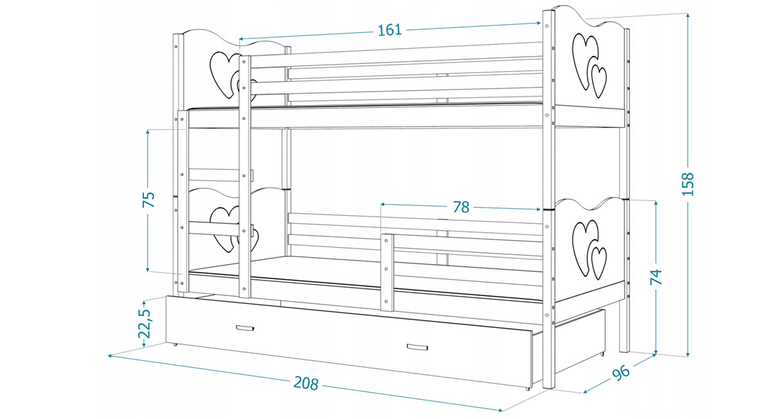 Dětská patrová postel MAX 3 90x200 cm s bílou konstrukcí v zelené barvě s vláčky