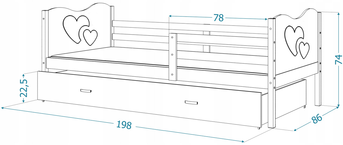 Dětská postel MAX P2 80x190 cm s šedou konstrukcí v modré barvě s motivem vláčku