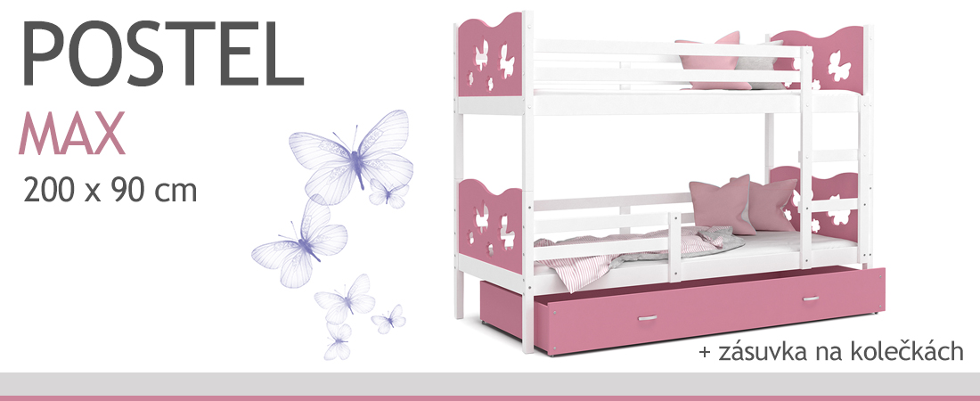 Dětská patrová postel MAX 200x90 cm s bílou konstrukcí v růžové barvě s MOTÝLKY