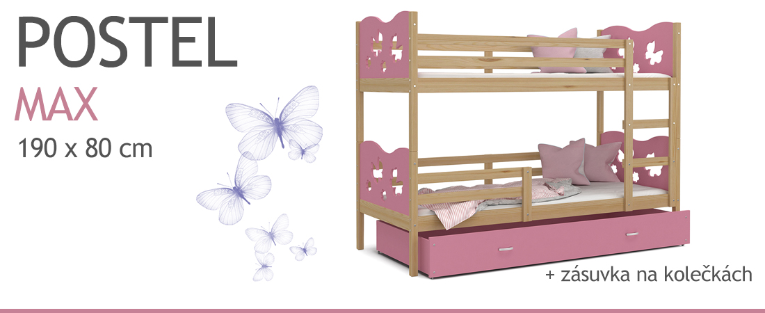 Dětská patrová postel MAX 190x80 cm s borovicovou konstrukcí v růžové barvě s MOTÝLKY