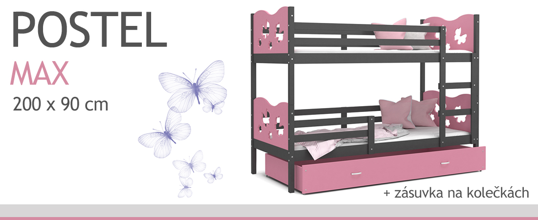 Dětská patrová postel MAX 200x90 cm s šedou konstrukcí v růžové barvě s MOTÝLKY