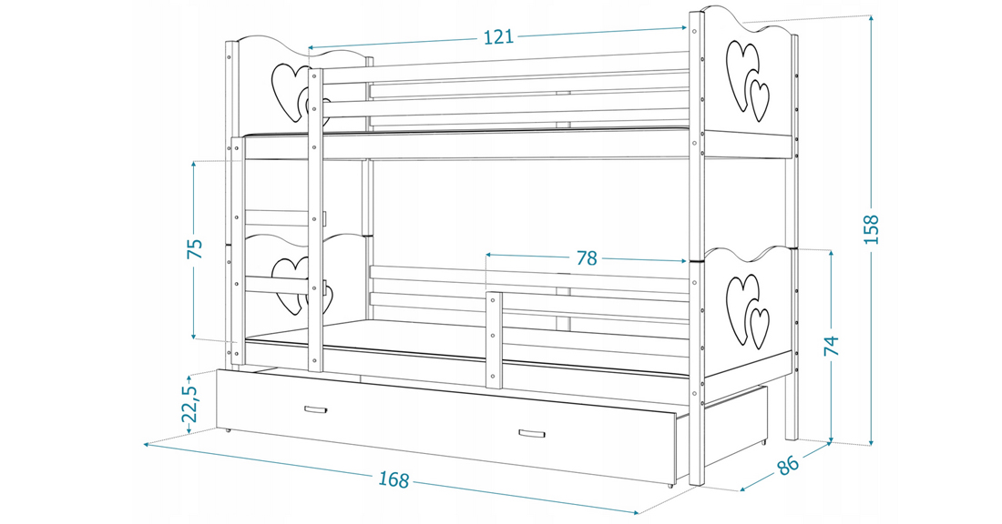 Dětská patrová postel MAX 160x80 cm s bílou konstrukcí v šedé barvě se SRDÍČKY