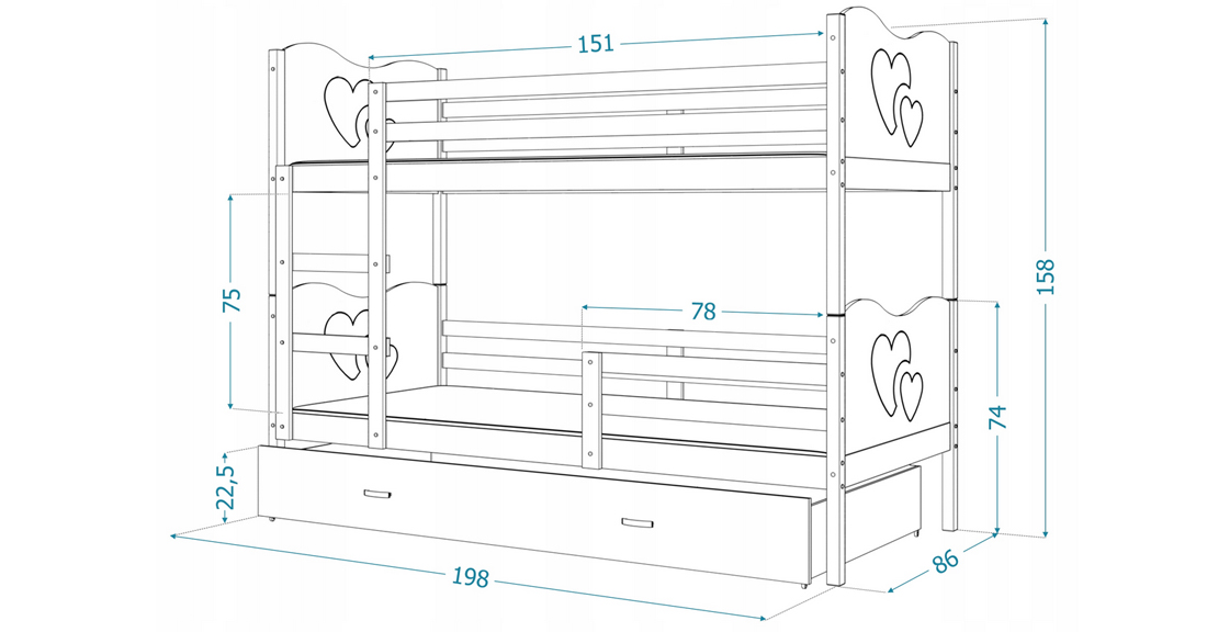 Detská poschodová posteľ MAX 190x80cm SIVÁ-SIVÁ