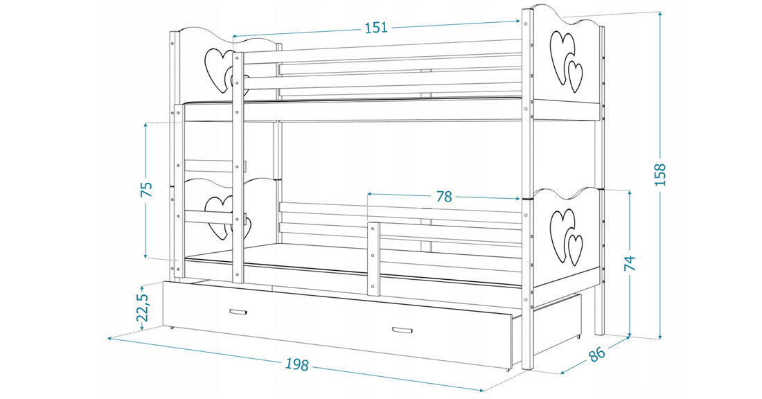 Dětská patrová postel MAX 190x80 cm s bílou konstrukcí v bílé barvě se SRDÍČKY
