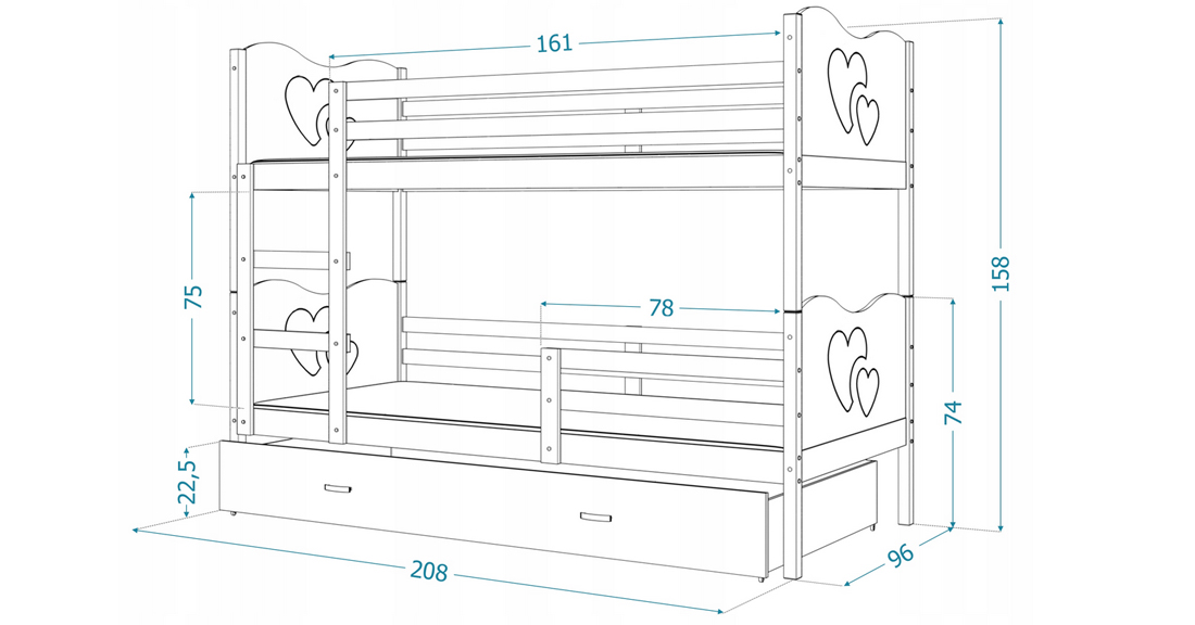 Dětská patrová postel MAX 200x90 cm s borovicovou konstrukcí v bílé barvě se SRDÍČKY