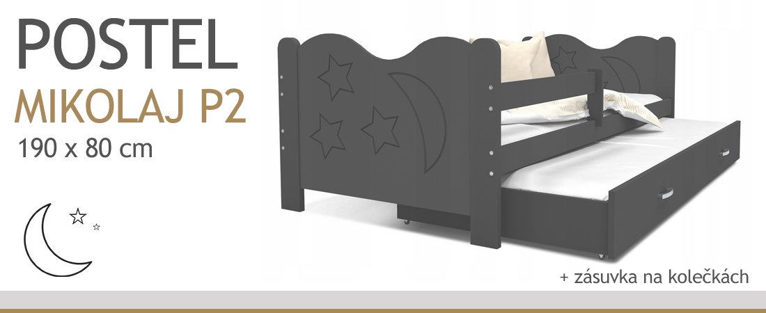 Dětská postel MIKOLAJ P2 80x190 cm s šedou konstrukcí v šedé barvě s přistýlkou