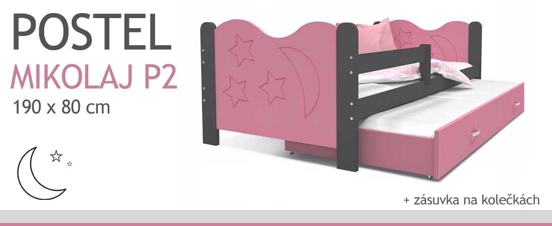 Dětská postel MIKOLAJ P2 80x190 cm s šedou konstrukcí v růžové barvě s přistýlkou